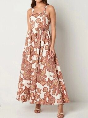 Worthington, cotton blend maxi dress Smocked Back beautiful paisley print XL NWT